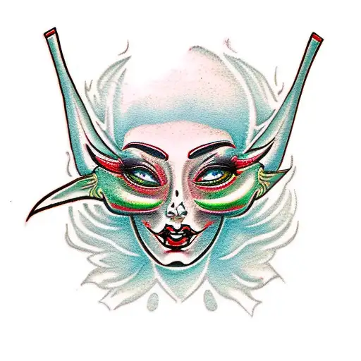 Generate Tattoo Girl Red hair Green Eyes and Devil and Angel Mask tattoo design idea
