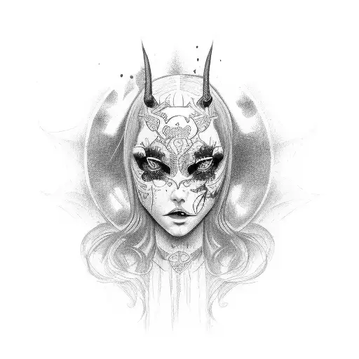 Generate Tattoo Girl Red hair Green Eyes and Devil and Angel Mask tattoo design idea