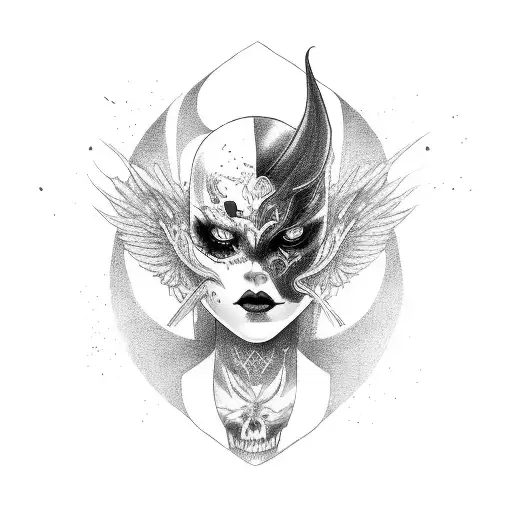 Generate Tattoo Girl Red hair Green Eyes and Devil and Angel Mask tattoo design idea