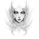 Generate Tattoo Girl Red Calelli Green Eyes and Devil and Angel Mask tattoo design idea