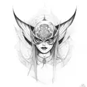 Generate Tattoo Girl Red Calelli Green Eyes and Devil and Angel Mask tattoo design idea