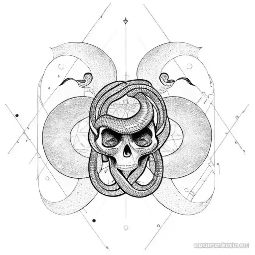 Alchemy-inspired snake wrapped around a skull with a crescent moon in the background tattoo design idea