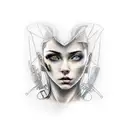 sleeve tattoo, black realism with girls face. cyberpunk upper arm, post apocalyptic forearm tattoo design idea