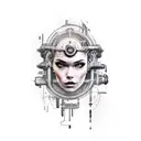 sleeve tattoo, black realism with girls face. cyberpunk upper arm, post apocalyptic forearm tattoo design idea