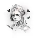 sleeve tattoo, black realism with girls face. cyberpunk upper arm, post apocalyptic forearm tattoo design idea