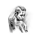 sleeve tattoo, black realism with girls face. cyberpunk upper arm, post apocalyptic forearm tattoo design idea