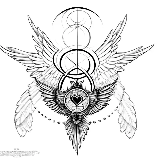 An elegant design featuring wings and a heartbeat symbol, with Henk's and HJ's names and dates incorporated within the design tattoo design idea