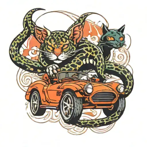 snake and devil cat in sports car tattoo design idea