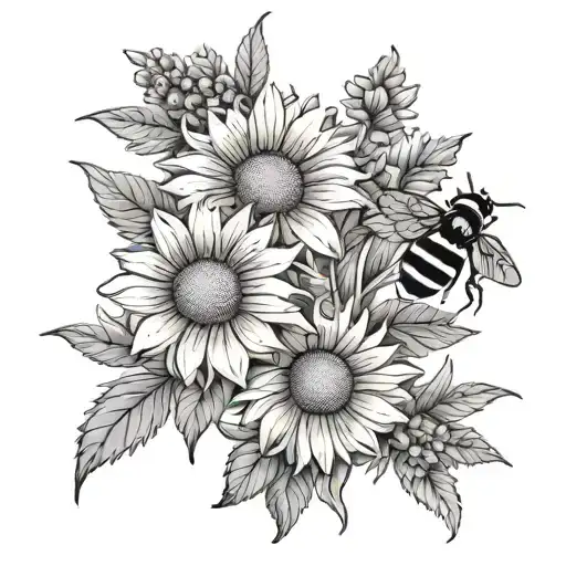 lavender, daisy, and sunflower flowers with a small black bee pollinating them tattoo design idea