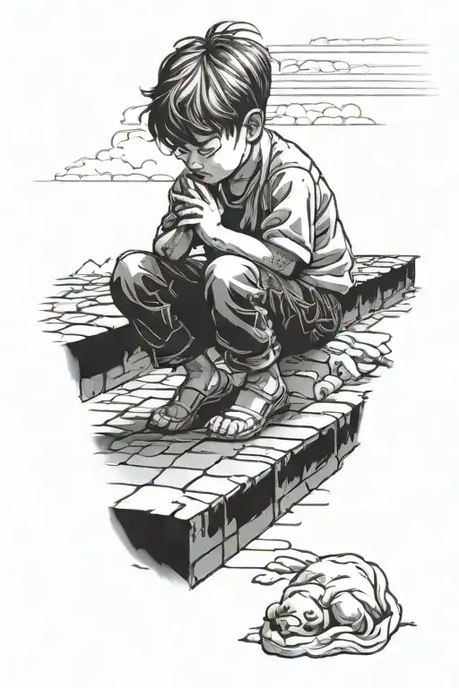 little boy kneeling and praying at the base to the stair way to heaven tattoo design idea