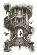 Grand winding staircase to heaven with little boy praying in front  tattoo design idea