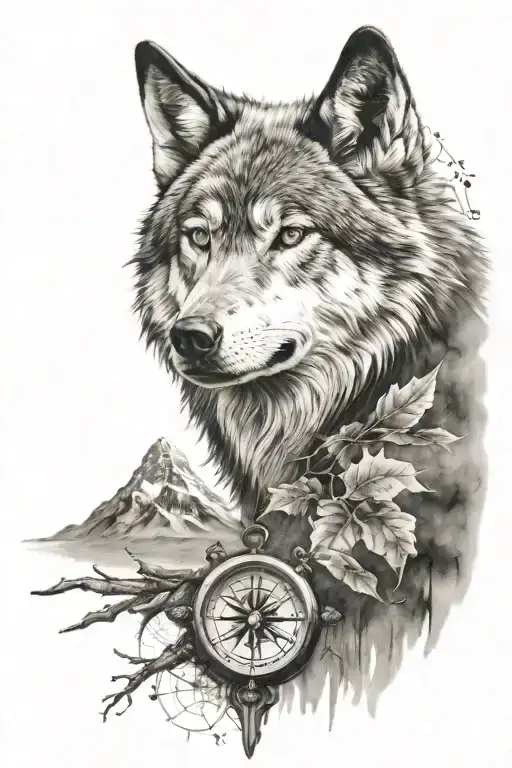 a lone wolf with a compass tattoo design idea