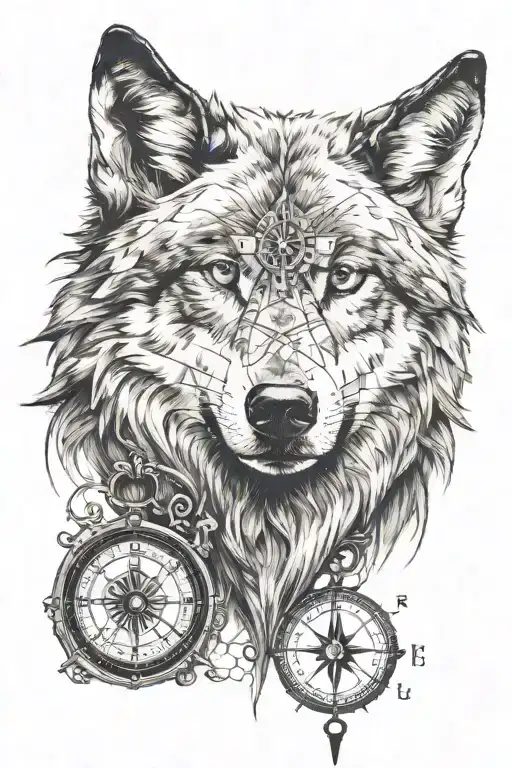 wolf with a compass tattoo design idea