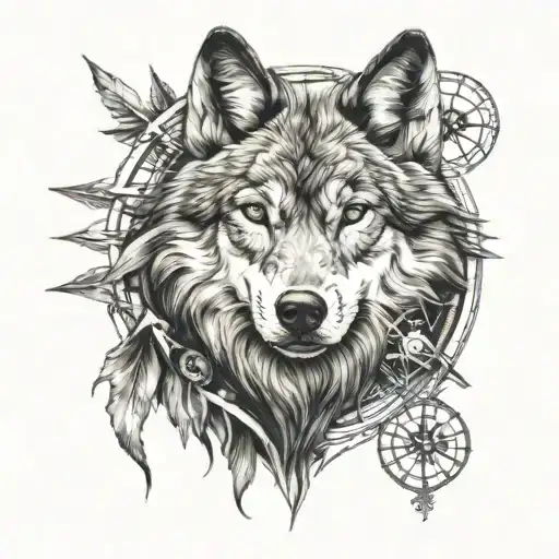wolf with a compass tattoo design idea
