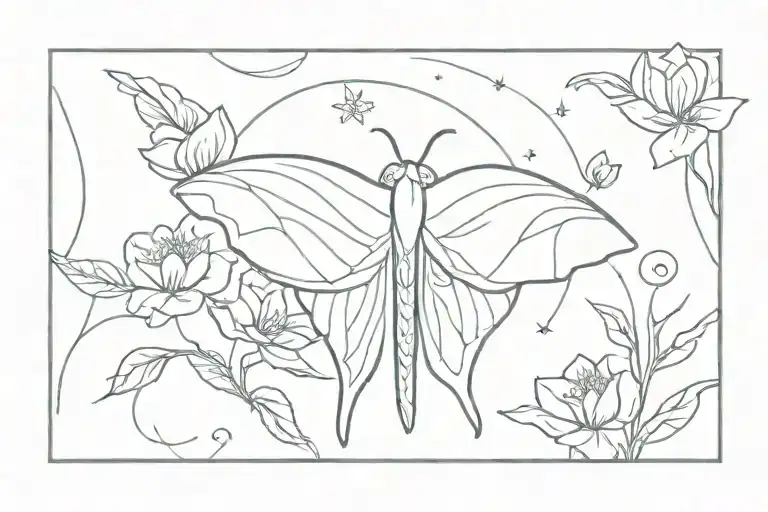 Luna moth, moon and flowers tattoo design idea