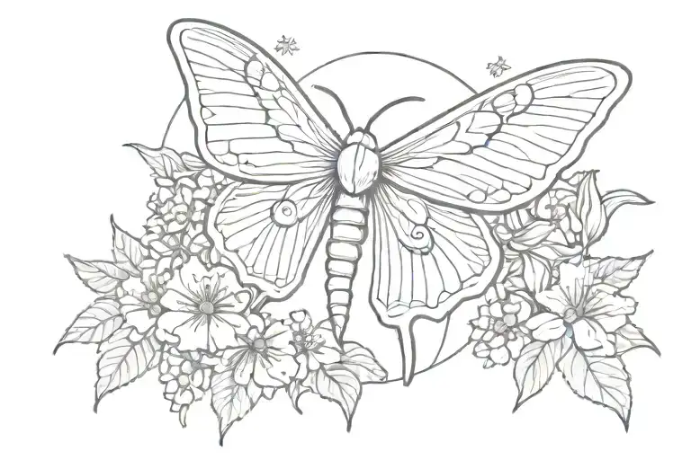 Luna moth, moon and flowers tattoo design idea
