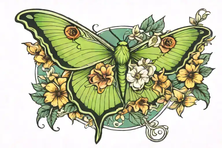 Luna moth, moon and flowers tattoo design idea