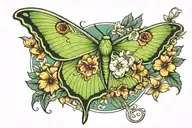 Luna moth, moon and flowers tattoo design idea