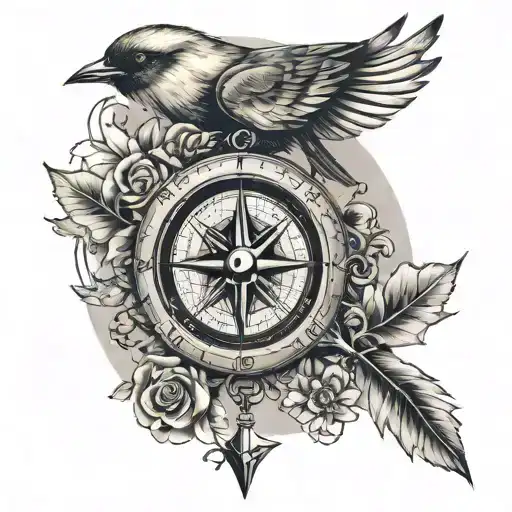 compass flowers arrow nature soaring bird old map tattoo design idea