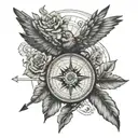 compass flowers arrow nature soaring bird old map tattoo design idea