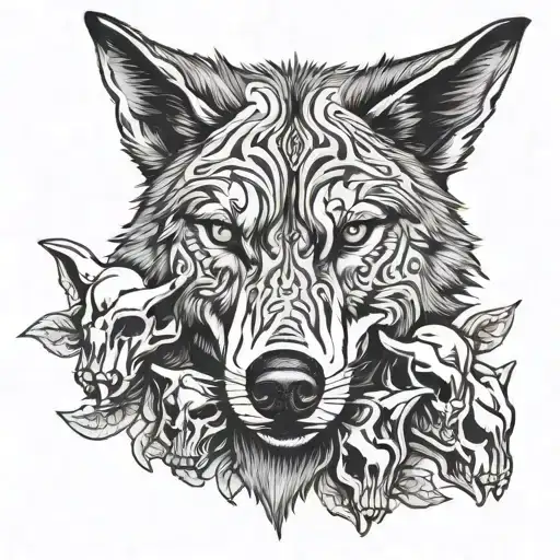 wolf with pig skulls tattoo design idea