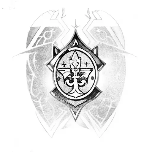 a fleur de lys autobot transformer symbol with submarine dolphins above two chevrons and the five colors of magic pips. tattoo design idea