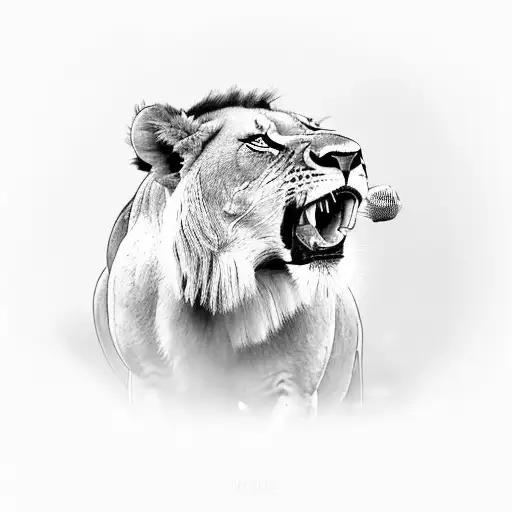 A lioness roaring into a microphone tattoo design idea