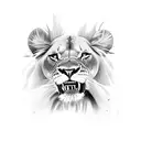 A lioness roaring into a microphone tattoo design idea
