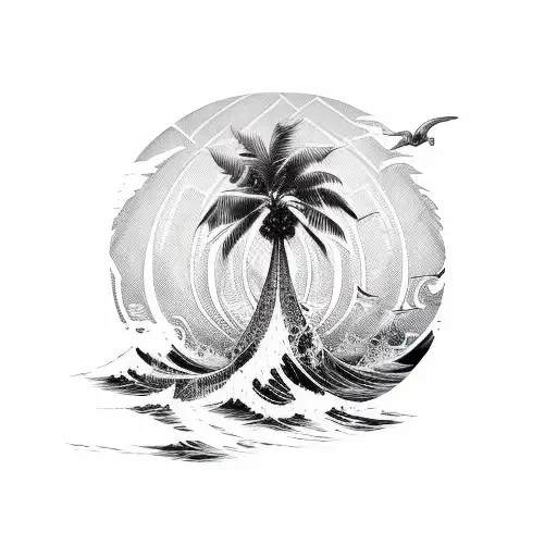 A unique combination of ocean waves, palm trees, and a skull forming a cohesive design tattoo design idea