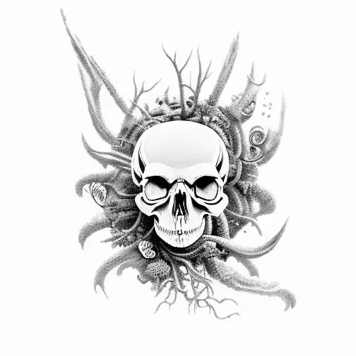 An artistic interpretation of a skull surrounded by underwater sea creatures and palm fronds tattoo design idea