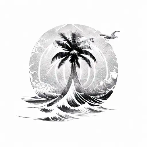 A unique combination of ocean waves, palm trees, and a skull forming a cohesive design tattoo design idea
