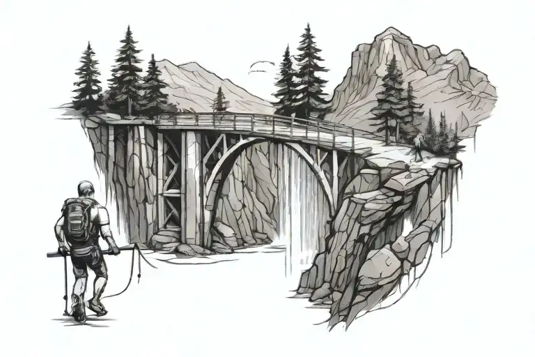 trail running mountain waterfall bridge tattoo design idea