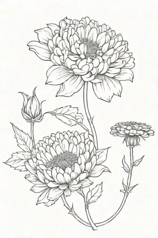 one chrysanthemum flower and one marigold flower with stems  tattoo design idea