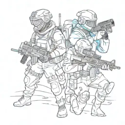 CS:GO and Valorant characters in a sketch style battle tattoo design idea