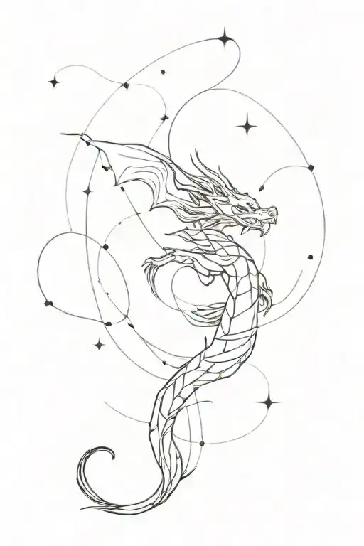 An analytical interpretation of a cosmic dragon breathing life into a constellation of stars tattoo design idea