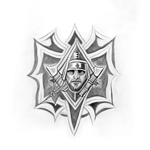 A black and grey tattoo of a knights Templar with a Maltese cross incorporated. The tattoo depicts a noble knight wearin tattoo design idea