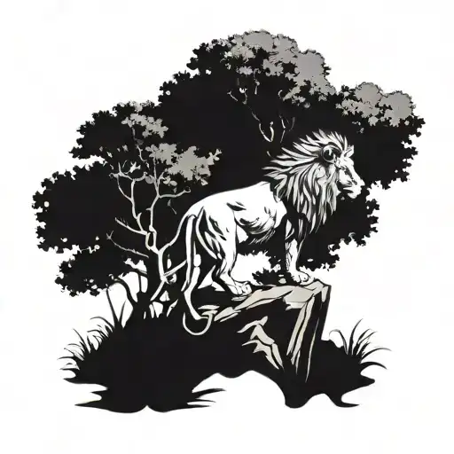 Lion standing on a cliff with a pecan tree behind it tattoo design idea