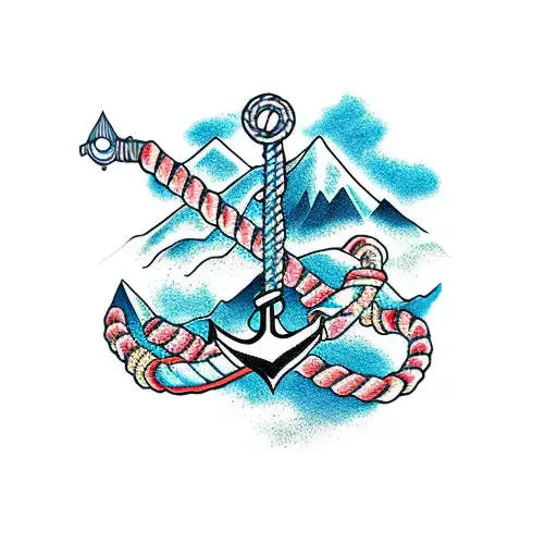 Mountains, rope, anchor, arm sleeve tattoo design idea