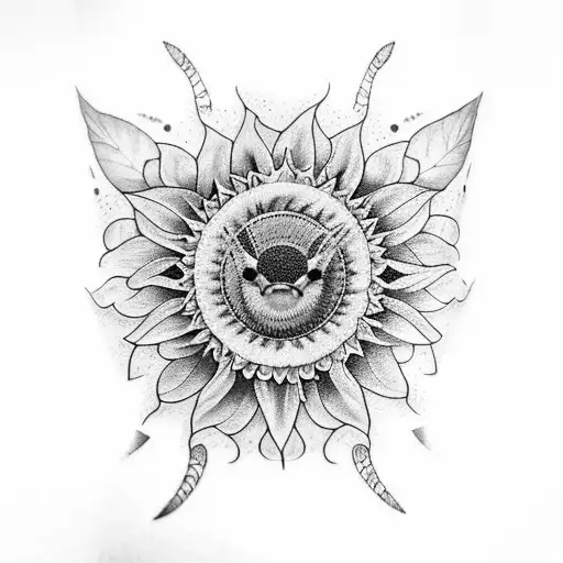 tattoo arm sleeve sunflowers, mandala, moths, and bumblebee  tattoo design idea