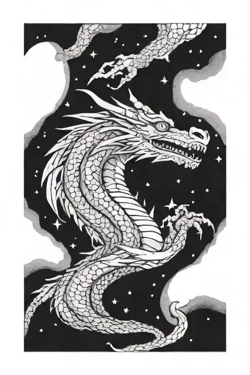 A dragon in the likeness of the movie Dragon Heart looks up at the stars with a serious sad expression. tattoo design idea