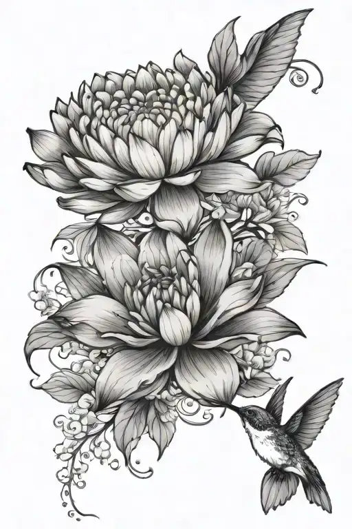 dahlias water lily vines primrose small  hummingbird flying  tattoo design idea