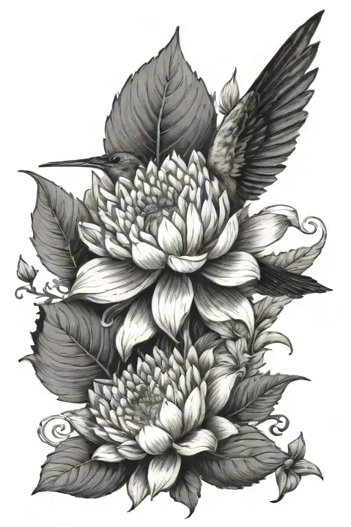 dahlias water lily vines primrose hummingbird flying tattoo design idea