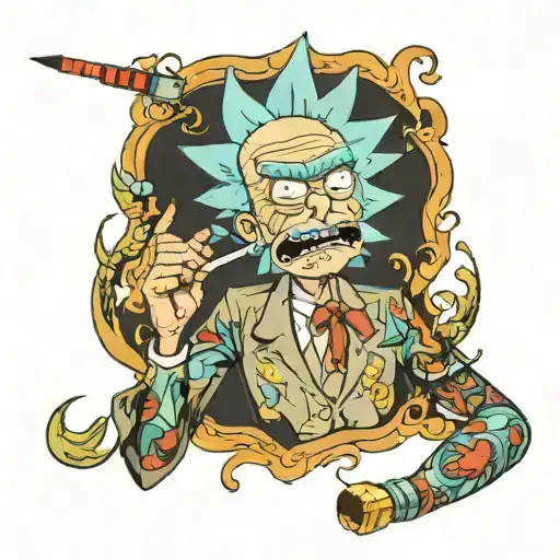 Rick Sanchez smoking cigarette ha ha" written tattoo design idea