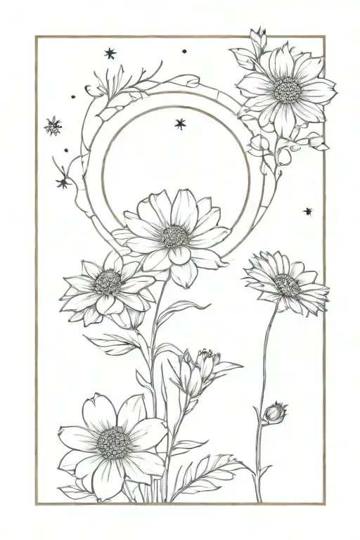 Marigold, cosmos and solar eclipse tattoo design idea