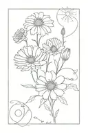 Marigold, cosmos and solar eclipse tattoo design idea