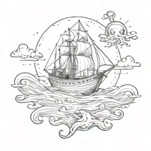 a paper ship in the sea with an anchor under, goeslowly under sun. on the ship there are one cat, an octopus and books tattoo design idea