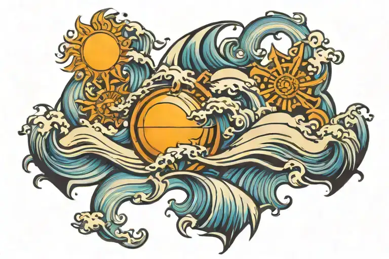 waves and sun with rays  tattoo design idea
