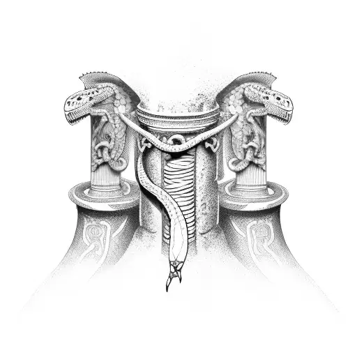Tall Broken Roman Pillar with Snake wrapped around it tattoo design idea