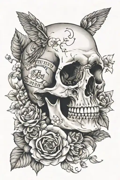 a memento mori tattoo including a skull with the wording written on a banner, flowers around the skull  tattoo design idea