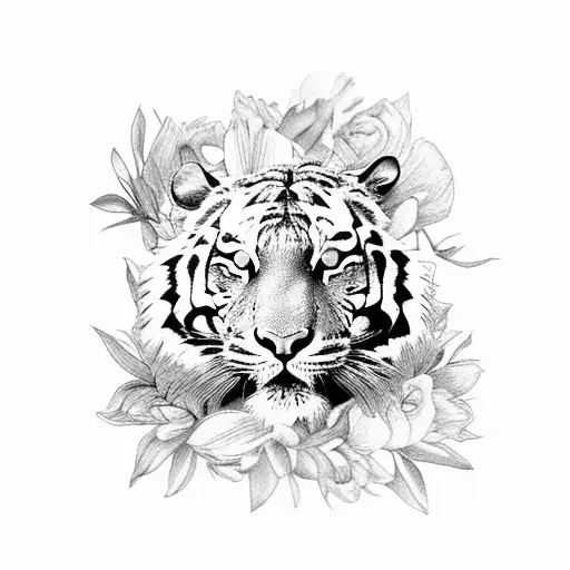 A photorealistic tiger, surrounded by flowers. Below a banner that says "Elina & Veera"  tattoo design idea